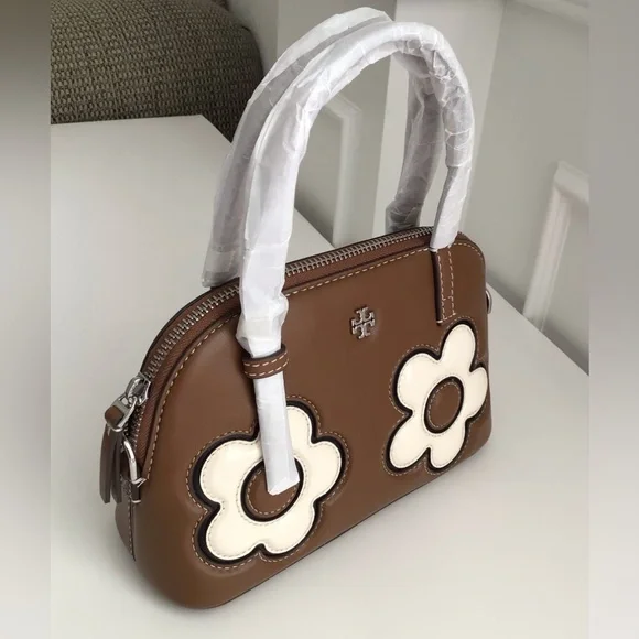 Tory Burch Emerson Dome Satchel Crossbody Bag Floral Applique NWT In Pac Leather - Picture 10 of 13